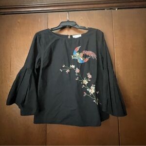Jealous Tomato Embroidered Black Cotton Top with Bell Sleeves EUC Sz Large